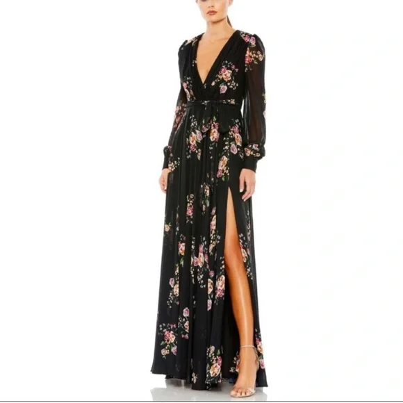 mac duggal black floral dress Mac Duggal Floral Embellished Jersey Column Gown